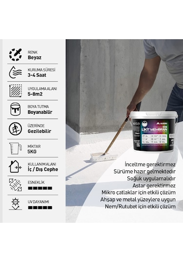 Alkoru 5 Kg Beyaz Likit Membran Renkli Reçine Esaslı