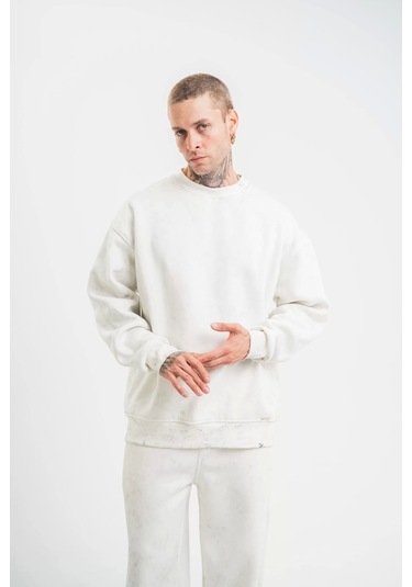 Unisex Uzun Kol Bisiklet Yaka Yıkamalı Sweatshirt - Beyaz Beyaz