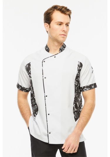 Uniprom Kısa Kollu Aşçı Ceketi Önlük Nakışlı Cepli Şef, Garson Beyaz-siyah