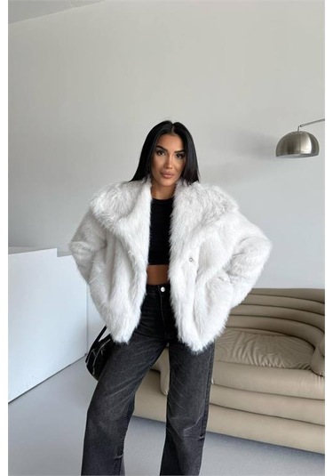 Neşeli Butik Kadın İçi Astarlı İthal Kürk Kaban Nbg111 Ekru