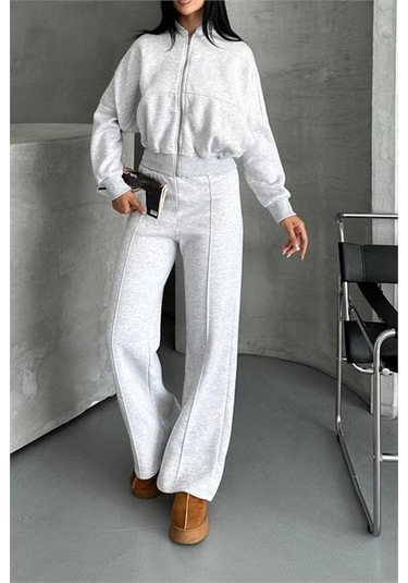 Neşeli Butik Kadın Pamuklu Kışlık Rahat Kesim Eşofman Takımı Nbg112 Gri