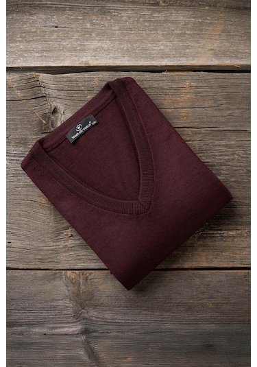 Woolen World V Yaka Battal Büyük Boy Yünlü Triko Kazak Bordo