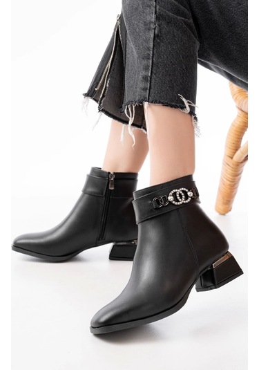 Rm-502 Siyah Toka Aksesuarlı Topuklu Fermuarlı Günlük Kadın Bot Siyah