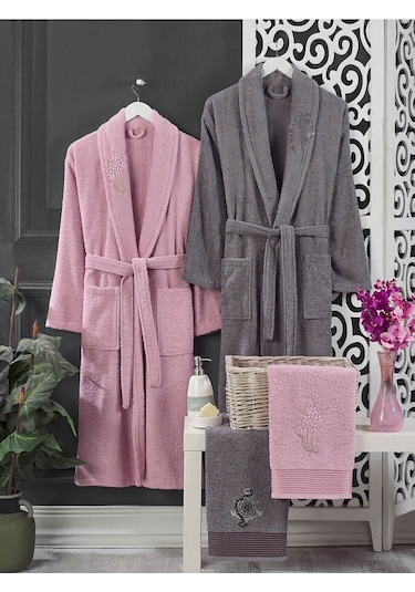 4 Parça Aile Bornoz Seti Kadın Erkek Havlulu Bornoz Takımı Pembe - Gri