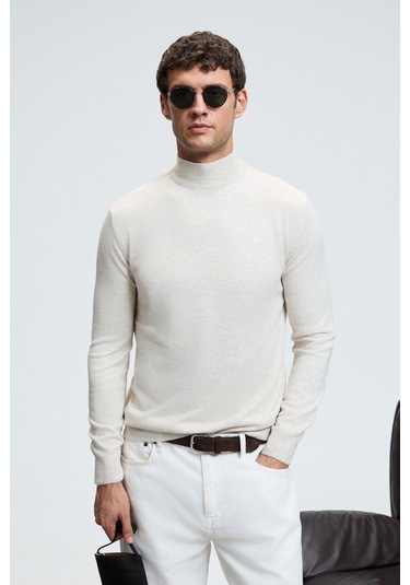 REBEL Erkek Yarım Balıkçı Yaka Basic Slim Fit Triko Bej Kazak