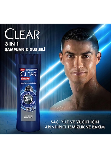 Clear Men Arındırıcı Kömür 3'ü 1 Arada Şampuan ve Duş Jeli 3 x 350 ML