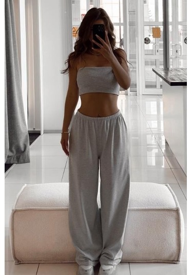 Gri Geniş Paça Basic Kadın Eşofman Altı Mg2553 Gri