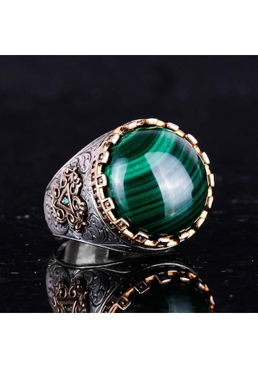 Gerçek Doğal Taş Yüzük - El Yapımı Kral Yüzüğü - 925 Ayar Gümüş Yüzük Malakit Gümüş