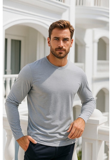 Erkek Uzun Kollu Bisiklet Yaka Tişört - %100 Pamuk Basic Relaxed T-shirt Gri