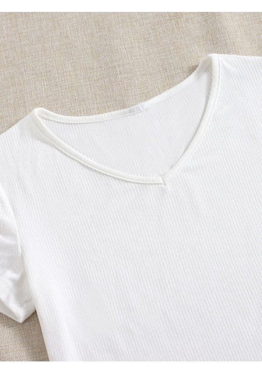 V Yaka Beyaz Renk Fitilli Kısa Kollu Slim Fit Crop Top Bluz
