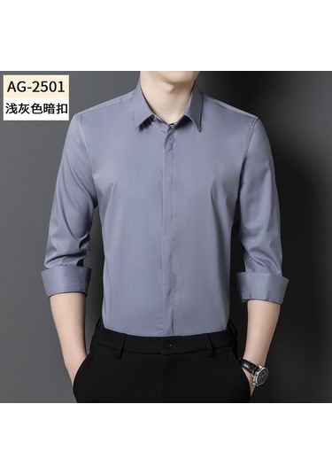 Erkekler İçin Gizli Düğmeli, Uzun Kollu, Tek Renkli, Esnek İş Kıyafeti Gömlek Açık Gri