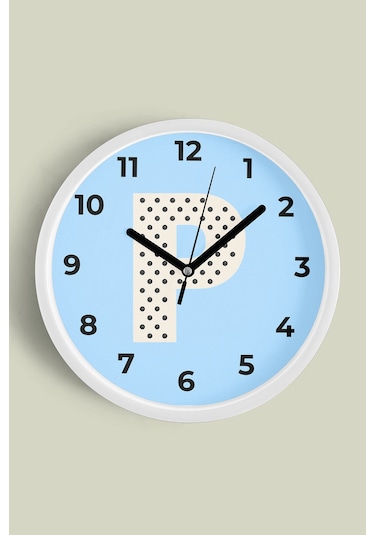 P Harfi Erkek Odası Duvar Saati - 42cm - Önü Camlı Beyaz Kasa - Sessiz Mekanizma Beyaz