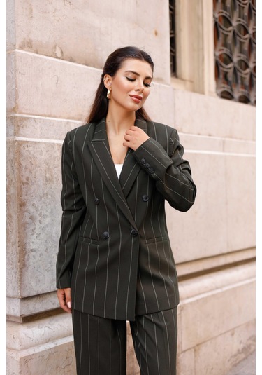 4 Düğmeli Kruvaze Geniş Çizgili Takım Haki Haki