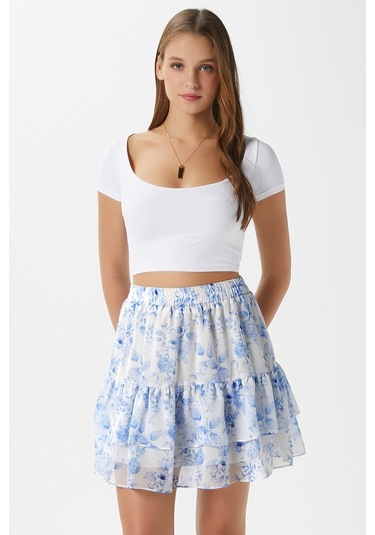 Kadın Juliet Mavi Çiçekli Astarlı Volanlı Mini Şifon Dokuma Etek
