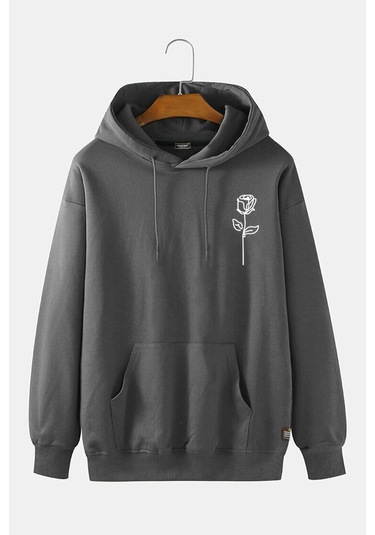 Unisex Antrasit Kapüşonlu Gül Baskılı Slim Fit Kanguru Cepli Sweatshirt Antrasit