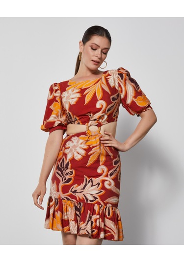 Desenli Kadın Mini Elbise - Pencere Detaylı - Modern Ve Şık - Günlük Ve Özel Günler İçin Elbise Kiremit