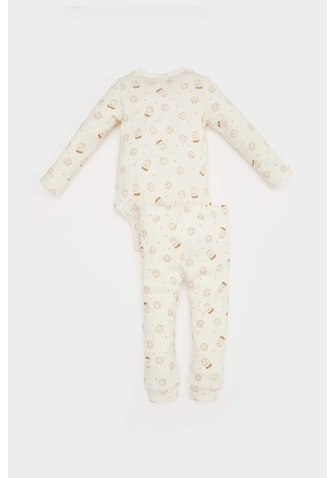 DeFacto Erkek Bebek 2'li Takım Fitilli Kaşkorse Baskılı Uzun Kollu Çıtçıtlı Body Esnek Belli Uzun Alt E6303A525SPER233 Ekru