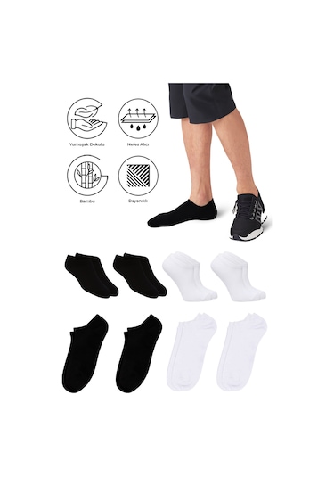 Saysez Bambu Erkek Sneaker Siyah-beyaz Çorap Dikişsiz Görünmez Bilek 4lü Siyah - Beyaz
