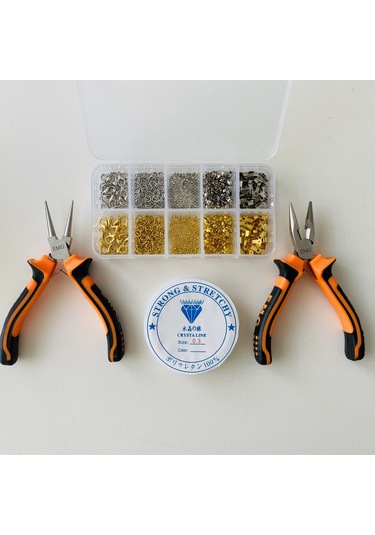 Kutulu Set 9 - 530 Adet Takı Yapım Ve Tamir Seti - Altın Ve Gümüş Renk - Pense Ve Misineli