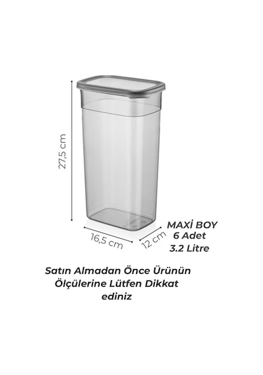 Kitchen Life 6'lı Mega Boy Etiketli Dikdörtgen Erzak Saklama Kabı Seti 3200ml Çay Şeker Saklama Kabı 3.2 Litre Antrasit