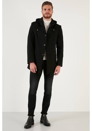 Buratti Çıkarılabilir Kapüşonlu Kırçıllı Slim Fit Kaşe Erkek Kaban 5841013 Siyah