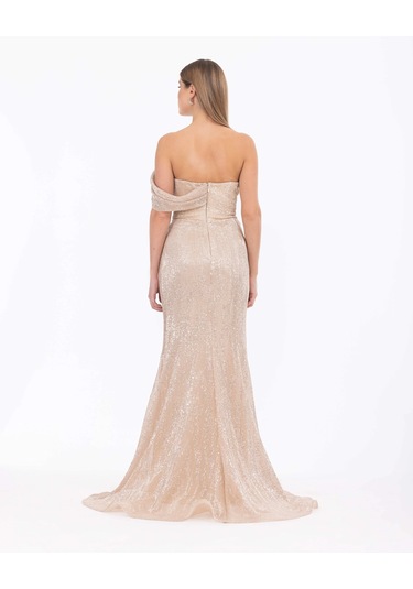 Büzgülü Kırlangıç Yakalı Pul Detaylı Abiye-gold Gold