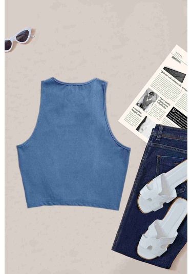 Merry See Tek Renk 1 Adet Kadın Kolsuz Örme Kumaş Bluz Crop Mavi 001