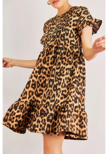 Kadın Eteği Ve Kolu Büzgülü Leopar Desenli Elbise Leopar