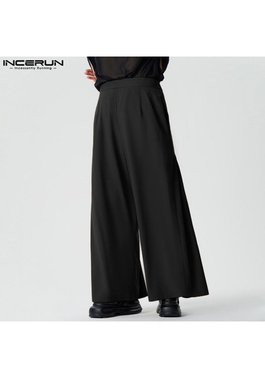 Incerun Erkek Yüksek Bel Bağcıklı Geniş Paça Pantolon Rahat Pileli Resmi Pantolon Gri