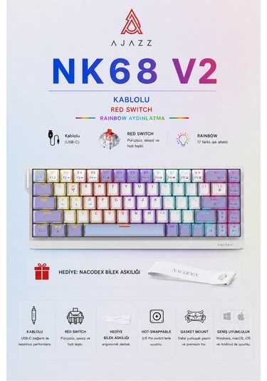 Nk68v2 Hot Swap Kablolu Mekanik Oyun Klavyesi- Red Switch-bilek Askılı