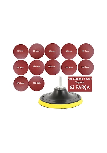 62 Parça 115 Mm Avuç Taşlama Cırt Zımpara Seti + Matkap Aparatı