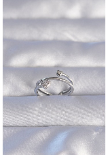 Ezoconcept Pirinç Gümüş Renk Zirkon Taşlı Kalpli Model Ayarlanabilir Yüzük Çok Renkli