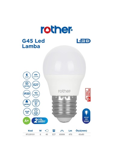 Rtl09101-10 Rother G45 Led Ampul 6w E27 470 Lümen 6500k Beyaz Işık Enerji Tasarruflu Ampul 10 Adet