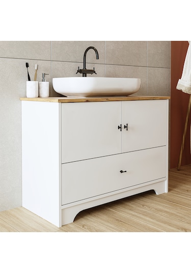 Oval Lavabolu Ayaklı 2 Kapaklı Çekmeceli Mdf 100 Cm Banyo Aria Atlantik Çam - Beyaz