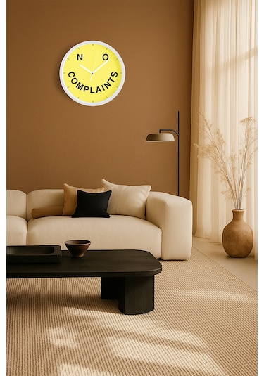 ' No Complaints '' Yazıllı Modern Tasarım Duvar Saati - 30cm - Önü Camlı Beyaz Kasa Beyaz