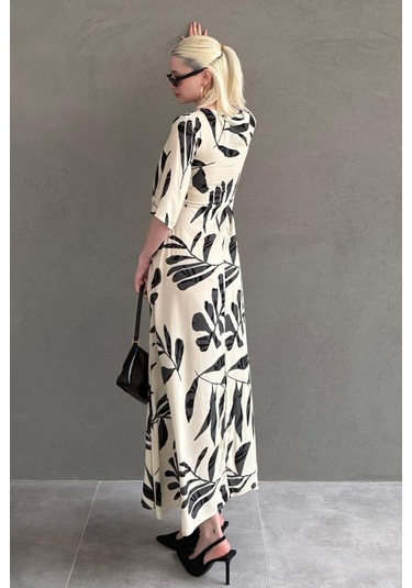 Madmext Ekru Desenli Yarım Kollu Elbise Mg2395 Ekru