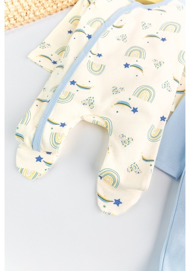 Gökkuşağı Temalı 2'li Uzun Kollu Kız/erkek Bebek Tulum Takım mavi