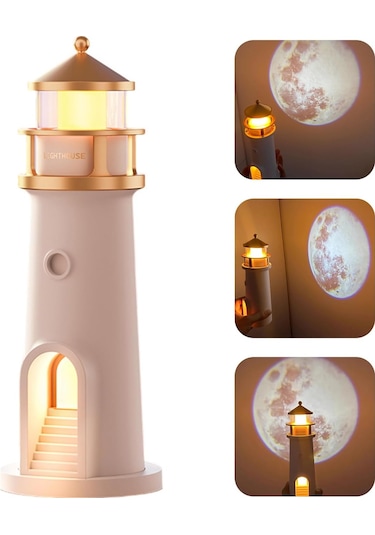 Tcherchi Led Deniz Feneri Ay Lambası Projektör Gece Lambası, Şarj Edilebilir Ay Işığı Projeksiyon Gece Lambası Sarı Işık