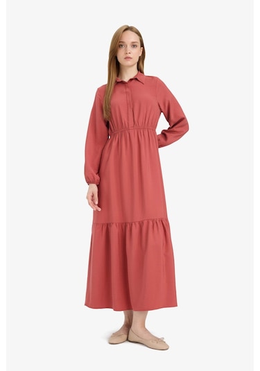 Defacto Gömlek Yaka Beli Büzgilü Uzun Kollu Maxi Elbise D5851ax25spog355 Turuncu