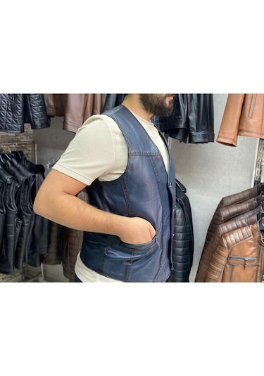 Hakiki Deri Lacivert Renk Yelek Slim Fit Kesim Lacivert