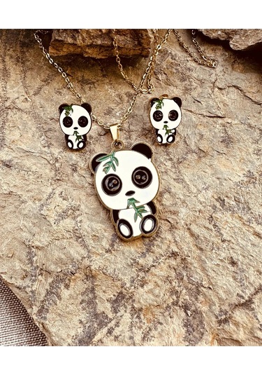 Şaşkın Panda Mineli Altın Renk Çelik Çocuk Küpe Kolye Set