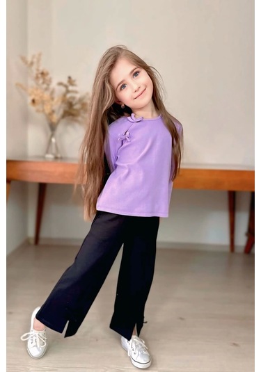 Fiyonk Ve Yırtmaç Detaylı Kız Çocuk 2li Takım Lila