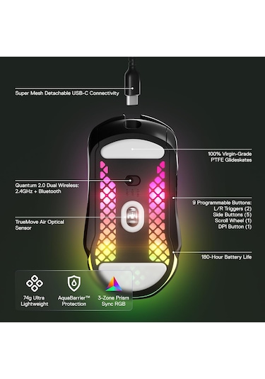 Steelseries Aerox 5 Wireless Gaming Mouse - 74 Gram, 9 Tuşlu - Bl