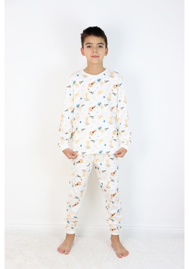 Erkek Çocuk Baskılı İnterlok Kumaş Uzun Kollu Pijama Takımı Beyaz - Gri