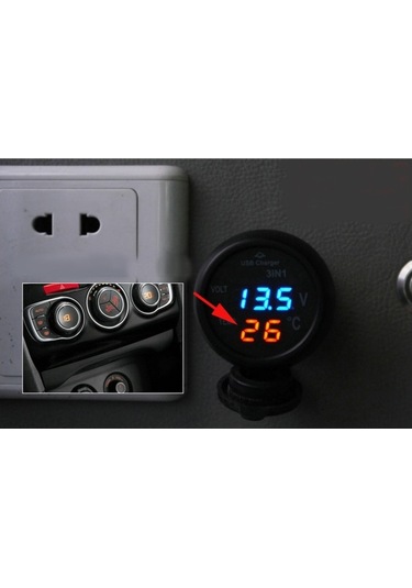 Sones 3'ü 1 Arada Universal Araç Dijital Gerilim Ölçer Sıcaklık Ölçer Usb Şarj Cihazı, Dc12-24v