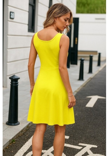 Kadın Askılı Yuvarlak Yaka Kısa Viskon Elbise Sarı
