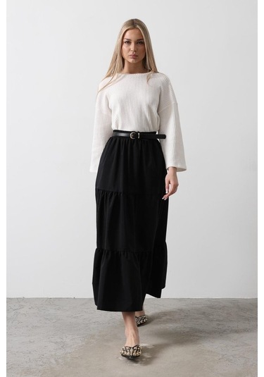 Pamuklu Beli Lastikli Etek - Siyah Siyah