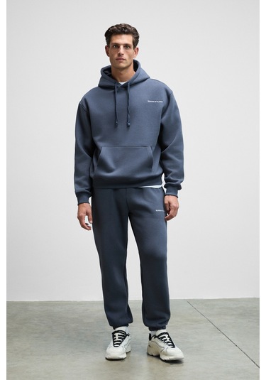 MARSHALLHOODIE Erkek Pamuklu İçi Polarlı Nakışlı Relaxed Koyu Gri Eşofman Takımı