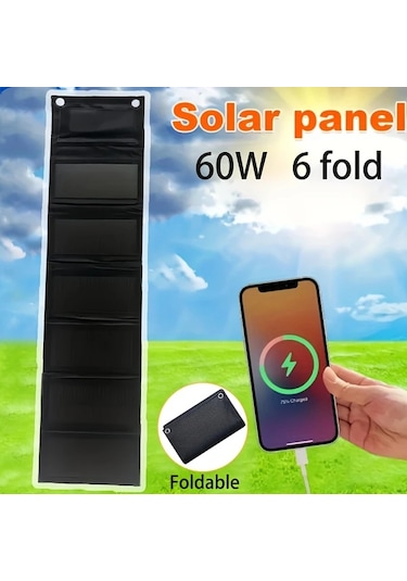 Elmpaly Yeni Altı Katlanır 60w Taşınabilir Güneş Enerjili Şarj Cihazı - Usb 5v Çıkışlı, Kamp Ve Seyahat İçin Powerbank, Fan, Fener