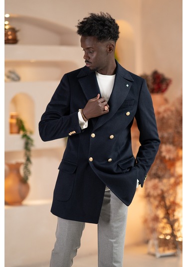 Paul Martin İtalyan Yaka Yünlü Kruvaze Kaşe Kaban Lacivert